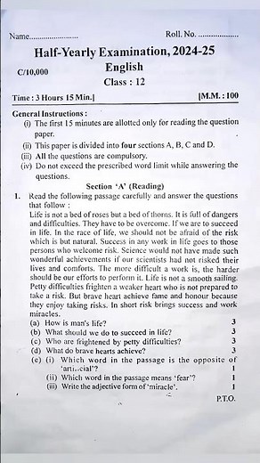 Class 12 English Half Yearly Board Paper 2024-25 | Code C 10000 | #Class12English