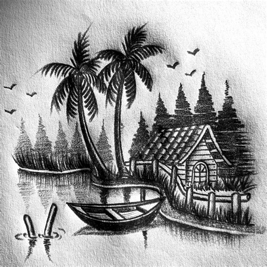 2.3M views · 23K reactions | Cottage at water lake #waterlake #pencildrawing #sceneryart | Md. Takbir Hossain | Facebook