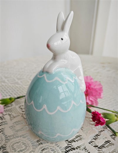Handmade Easter Bunny Ceramic Figurine | Rabbit on Egg Spring Home Decor