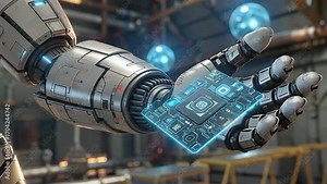 Lateral Perspective of Metallic Appendage Belonging to Anthropomorphic Machine Gripping State-of-the-Art Semiconductor