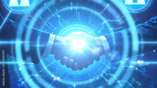 Business handshake with digital network overlay, symbolizing partnership and technological advancement in corporate agreements.