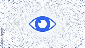 Blue eye icon form blue binary tunnel on white background. Computer security concept. Seamless loop. More icons and color options available in my portfolio.