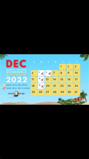 Hello Islanders A splashing good time to the summer vibes! As the festive season is upon us again here's how we play in November and December 2022 x marks our closed days and yellow marks our open days. A world awaits🌊🌊