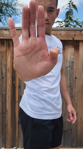 To perform a palm strike, engage your wrist and thrust the heel of your palm forward in a straight line. The strike should come from your centerline, similar to that of a straight punch. Bend your thumb to help with engaging your wrist at the point of contact. The rest of the fingers aren't required to be straight, as the focus is centered around the wrist and heel of the palm. | Wing Chun Club