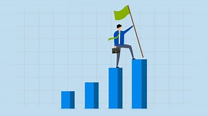 Download business success, 4k animation of successful businessman climbs to top of growth bar chart to punch the winner flag. for free