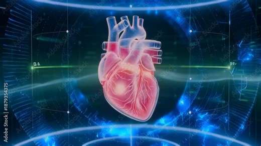Heart hologram floating against digital ECG waveform and circular grid, detailed myocardium anatomy and beating pulse visualization for cardiology presentation and monitoring simulation.