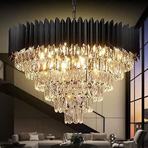 A AXILIXI Large Crystal Chandeliers Modern 30”Black Ceiling Chandelier Light Fixture for High Ceiling 6 Tiers Round Pendant Chandeliers for Foyer Living Room Staircase Dining