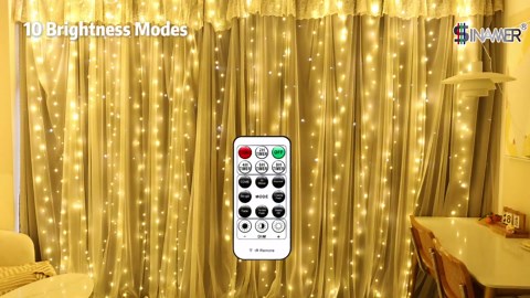 Warm White Curtain Light for Bedroom, 300 LED 9.8ft x 9.8ft Window Fairy Curtain String Light with 16 Hooks, 8 Models Remote Control for Wedding Party Home Garden Indoor Decorations