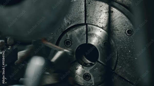 Close-up of a machinist adjusting a metal lathe chuck in an industrial workshop, showcasing precision work and manufacturing processes