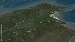 Kalimantan Utara, province with its capital, zoomed and extruded on the satellite map of Indonesia in the conformal Stereographic projection. Animation 3D