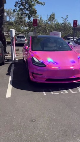 Pink holographic Tesla ☀️ #Tesla #pinkcar