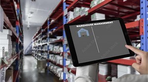 Warehouse management deft software in computer for real time monitoring of goods package delivery . Computer screen showing smart inventory dashboard for storage and supply chain distribution .