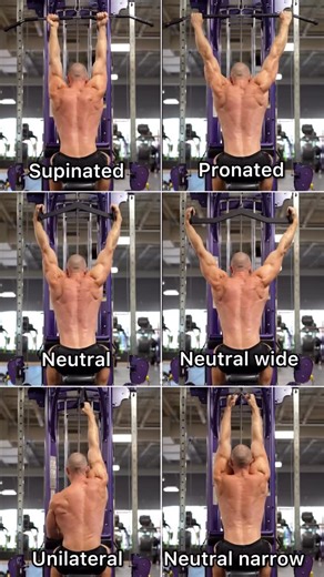Alex Lueth | #1 Natural Online Coach on Instagram: "Lat pulldown variations! Here are some lat pulldown variations you can add to your routine: 1) Supinated (palms up) lat pulldown - Greater bicep contribution 🦾 - Shoulder extension, elbows close to and behind body 2) Pronated (palms away) lat pulldown - Shoulder adduction (bring arms down to the side) 3) Neutral / semiprone (palms in) lat pulldown - Shoulder adduction (bring arms down to the side) 4) Neutral / semiprone (palms in) wide 