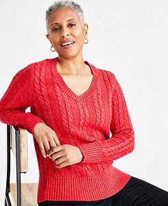 Style & Co Women's V-Neck Shine Cable-Knit Long-Sleeve Sweater, Regular & Petite, Created for Macy's - Macy's