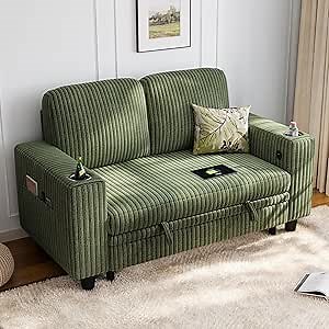 LINSY HOME Loveseat Sofa with Storage - Comfy Plush Corduroy 2 Seater Sofa with USB Charging & Cup Holders, Deep Seat Love Seat for Small Spaces Living Room Bedroom Apartment, Green