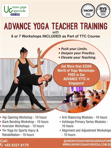 Union Yoga Ayurveda — one of the best yoga schools in Singapore — brings you Advanced Yoga Teacher Training (YTTC) with 6–7 premium workshops (worth $2500 ) included at no extra cost! ✨ Hip Opening | Back Bending | Inversions ✨ Yin Yoga for Sports Injury & Rehab ✨ Arm Balancing Modules ✨ Ashtanga Primary Series ✨ Alignment & Adjustment 📍 Train at our Woodlands branch with experienced Masters 📲 WhatsApp us at 65 8321 6170 to secure your spot today. Push your limits. Deepen your practice. Elevat