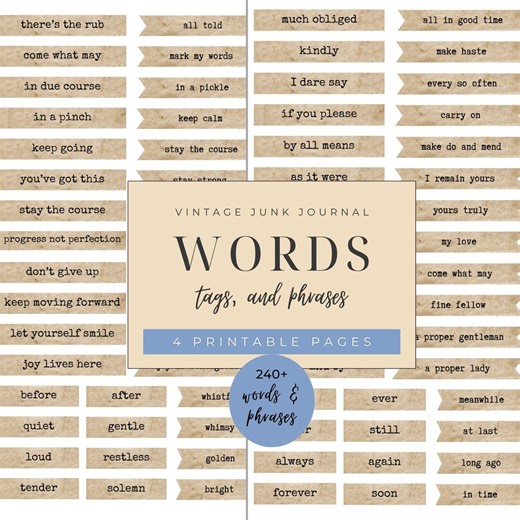 Vintage Printable Junk Journal Words Phrases Tags for Journaling and Scrapbook Ephemera Typography Set - Etsy