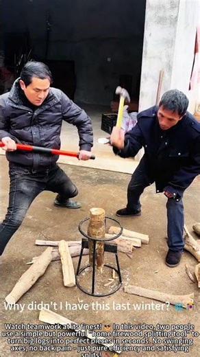Teamwork Splits Firewood Fast with Tool! 🔥💪