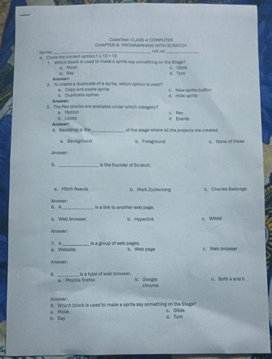 ClassTest-CLASS-4 COMPUTER CHAPTER-8: PROGRAMMING WITH SCRATCH ... | Filo