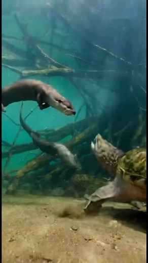 two snapping turtle and two otter fight under water near the roots of a fallen tree. #crane #voltage #powerline #highvoltage #hightensile #line #fyp #hit #foryou #foryourpage #reels #reelsviralfyp | AZ Reels 17M