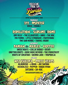 22K views · 3.3K reactions | The Reggae Rise Up Florida 2023 lineup is here! ☀️ Rebelution, Wiz Khalifa, Dirty Heads, Damian “Jr. Gong” Marley, 311, Koffee, Sublime with Rome, Dispatch, & so much more! Tickets on sale now ➲ ReggaeRiseUp.com/Florida | Reggae Rise Up Florida | Facebook