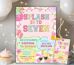 Splash Into Seven Birthday Pool Party Invitation Template Editable Girly Summer Flamingo Swimming Splash Pad Party Invite 7th Birthday Invit - Etsy