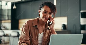 Freelancer, laptop and woman with phone call for communication, networking and editor with contact. Home, remote work or journalist with mobile for schedule interview, confirm date or digital article