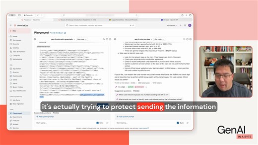 1K views · 12 reactions | [DEMO] Databricks AI Guardrails block sensitive data before it ever leaves your environment. See how PII like UK National Insurance numbers and credit card data is detected and stopped locally at the serving endpoint, instead of being sent to an external model. Watch guardrails in action by comparing endpoints with and without protection enabled. https://youtu.be/EWDkTlMQ3ao | Databricks | Facebook