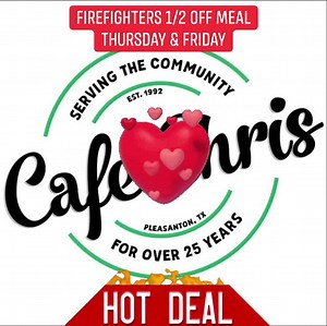 Cafe Chris is showing love to all the firefighters helping to keep Atascosa County safe! 1/2 off meals Thursday and Friday! Come in and feel the love! Eat with us for half the price! #lovelocal #firefighters Special thanks to to the firefighters from out of county who are coming in to help. We have loved serving you. YOUR MEALS ARE 1/2 OFF TOO. Christine VFD City of Pleasanton Fire Department Jourdanton Volunteer Fire Department Poteet Volunteer Fire Department Ata-Bexar Neighborhood Auxiliary C