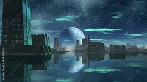 Alien City and the Big Moon. Strange buildings stand in the middle of the water. In the dark starry sky is a huge blue planet and floating clouds.The planet is fast approaching. Stock Video