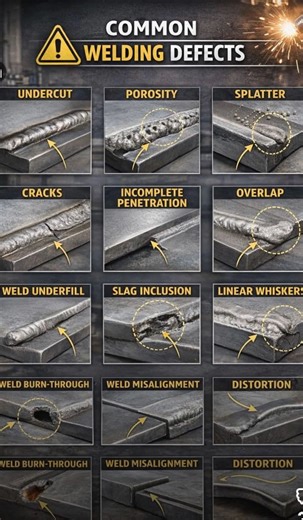**Common Welding Defects – A Quality Perspective** Visit weldfabworld.com Understanding welding defects is critical to ensure **structural integrity, safety, and compliance with standards**. Below are some of the most common welding defects observed in fabrication and manufacturing: --- ### **1. Undercut** A groove formed along the weld toe due to excessive heat input or improper welding technique. 📌 *Impact:* Reduces joint strength and fatigue life. --- ### **2. Porosity** Gas pockets trapped 