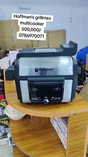 Hoffmans Grill Maxx Multifunctional Cooker, model HM-793. It is a 4-in-1 kitchen appliance that functions as an air fryer, grill press, multicooker, and double grill. The cooker has a power output of 3000W. It features a 180-degree flat opening hinge for use as a large table-top BBQ grill. The unit includes a digital control panel.