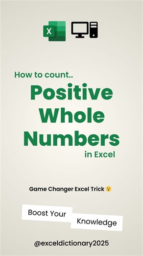 1.3K views · 25 shares | Counting positive whole numbers in Excel! . Count cells which are greater than 0 and don't have Decimal number. #excel #exceltips #exceltricks #excelformulas #microsoftexcel | Excel Dictionary 2025 | Facebook