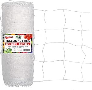 Plastic Trellis Netting 59" x 328 ft Heavy Duty Plant Support Netting White - 6 Inch Garden Trellis on Roll - Mesh for Growing Vine Climbing Plants, Flowers, Peas, and Cucumber