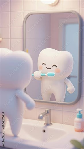 Cute 3d animated tooth character brushing teeth at bathroom sink, child-friendly dental care mood