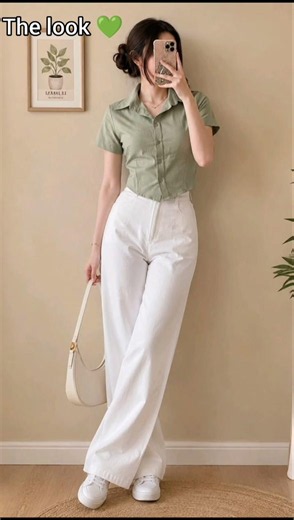 🌿 Korean Minimal Green Shirt Outfit Ideas 🤍 | Elegant Summer Fashion Look #shorts