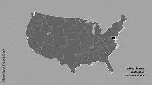 Alabama, state of United States mainland, with its capital, localized, outlined and zoomed with informative overlays on a bilevel map in the Stereographic projection. Animation 3D