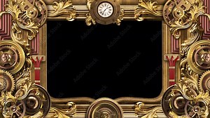 Steampunk Screen With Animated Details, Gold Decor And Stylish Clock. Animation On The Theme Of Engineering, Fantasy And Industry.