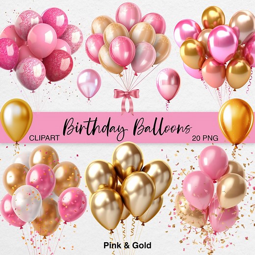 Pink and Gold Balloon Clipart: 3D Birthday Party PNG - Etsy