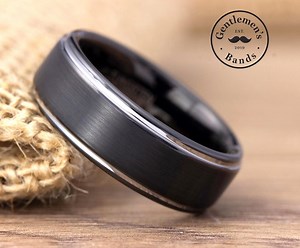Black Brushed Silver Wedding Band, Mens Black Wedding Ring With Silver Polished Edges, Men Engagement Ring, Promise Band, Anniversary Gift - Etsy