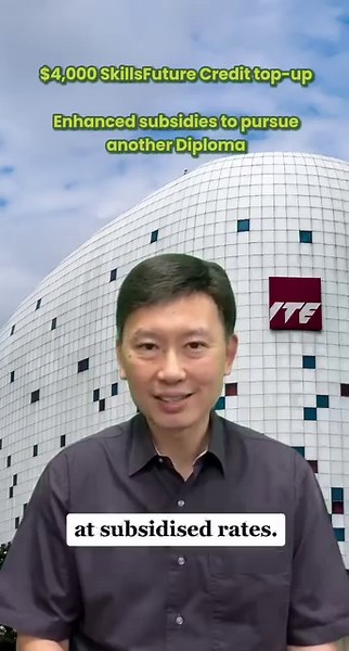 At Budget 2024, DPM Lawrence Wong introduced a new SkillsFuture Level-Up Programme to better support our mid-career workers. First, all Singaporeans aged 40​ and above will receive a $4,000 SkillsFuture Credit top-up. This can be used for selected training programmes with better employability outcomes.​ Second, to provide more reskilling options, all Singaporeans aged 40 and above will now be able to pursue another full-time diploma at our Polytechnics, ITE, and Arts Institutions from Academic Y