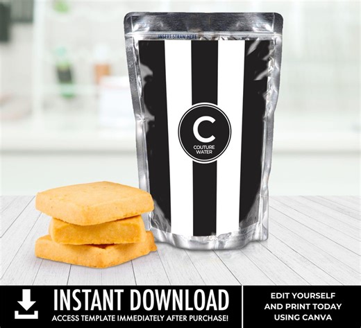 Couture Birthday Bridal Baby Shower Pouch Drink Label, Black & White Stripe Water Label, Wedding Favor | Edit With CANVA–INSTANT DOWNLOAD - Etsy