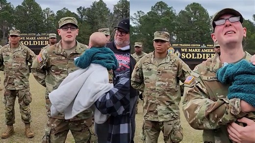 Watch baby surprise emotional military dad with sweet tap out