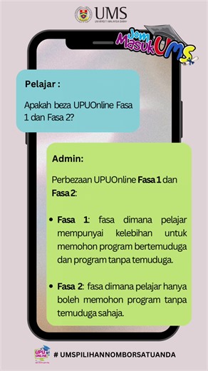 📢📢Jom Masuk UMS!📢📢 Jadikan UMS pilihan pertama anda dalam permohonan UPUOnline UMS menawarkan empat (4) program Asasi, Satu (1) program, Diploma kepada Lepasan SPM dan 66 program sarjana muda kepada Lepasan STPM/Setaraf. Dapatkan pelbagai informasi lanjut mengenai program akademik yang ditawarkan oleh UMS di laman web https://bpa.ums.edu.my. Anda juga boleh hadir ke Kaunter Runding Cara & Konsultasi Permohonan UPUOnline pada ketetapan berikut: Tarikh : 10 Februari 2025 hingga 14 Mac 2025 (wa