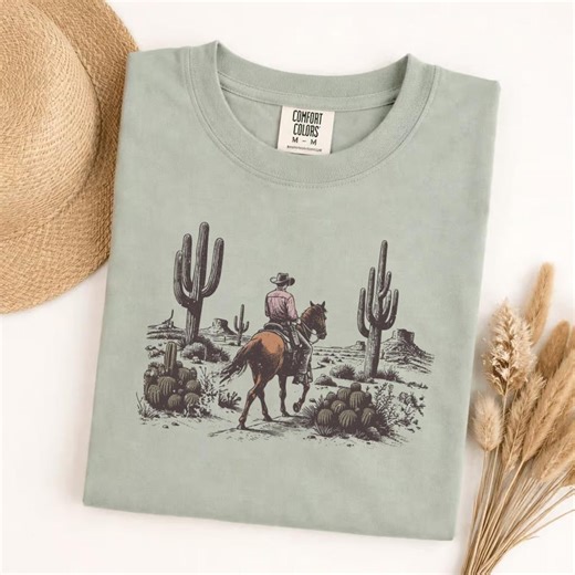 Comfort Colors Pink Cowboy Horse T-shirt, Western Desert Cactus Tee, Vintage Country Aesthetic Shirt, Rodeo Rider Graphic Top - Etsy