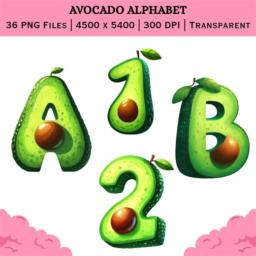 Avocado Alphabet PNG | A-Z Letters, 0-9 Numbers (instant Download) - Etsy