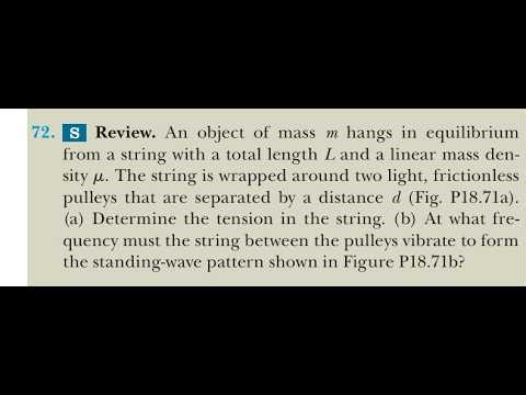 An object of mass hangs in equilibrium from a string with a total length and a linear mass density