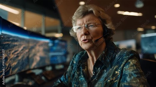 5Elderly mission control specialist analyzing holographic Mars terrain data on curved display screens, warm overhead lighting casting shadows, communication headset visible, perfect