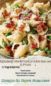 Creamy Shell Pasta with Bacon & Peas Tender pasta shells tossed in a rich parmesan cream sauce with smoky bacon and sweet peas. Yield: 4 servings Temp: Stovetop medium heat Time: 30 minutes Key Ingredients First: Pasta shells Bacon (crispy, chopped) Peas (fresh or frozen) ................................. Full Recipe in First Cօʍʍеոτ  | Charles Carranza | Facebook