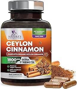 Organic Ceylon Cinnamon Capsules - Extra Strength Certified Organic Ceylon Cinnamon Supplement 1800mg Per Serving - Energy & Heart Support Antioxidant Pill for Women & Men, Bottled USA - 240 Capsules